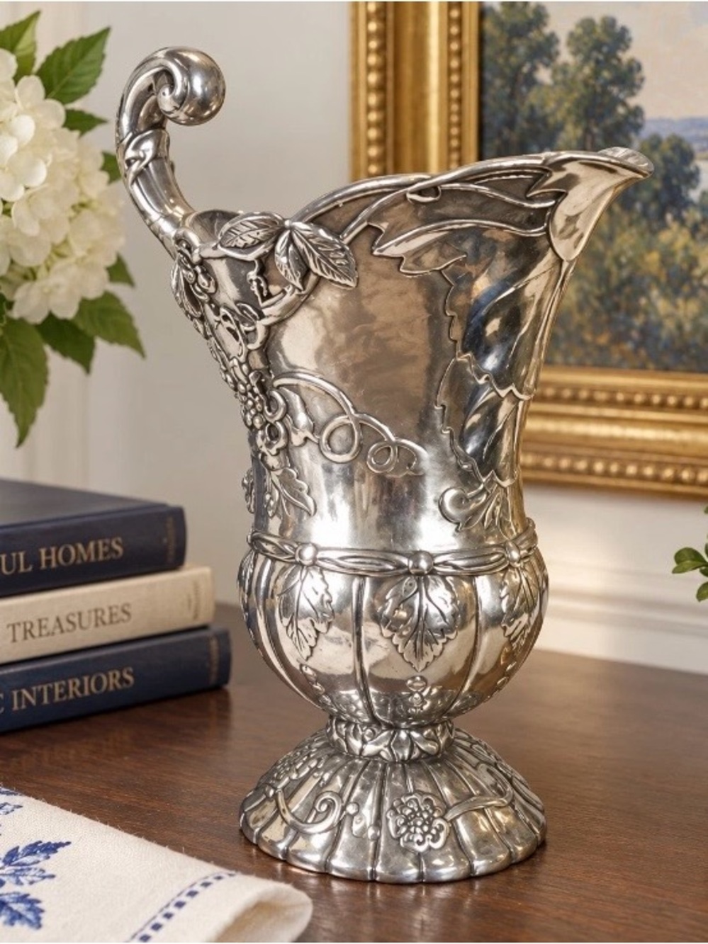 Jane Seymour St. Catherine's Court Ornate Floral Silver Tone Ewer Pitcher Vase